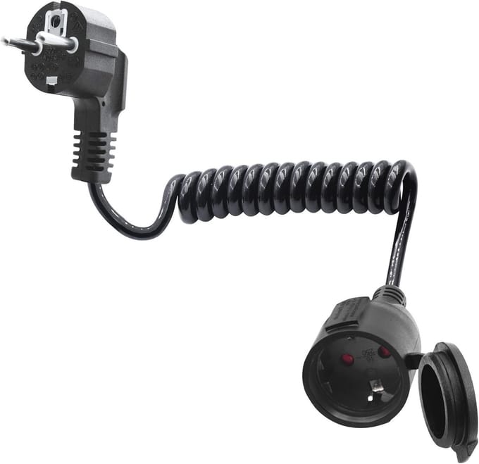 Retractable Spiral Schuko Extension Cable 90 Degrees - Short Power Cord 3 x 1.0 mm² 5A 230V IP44