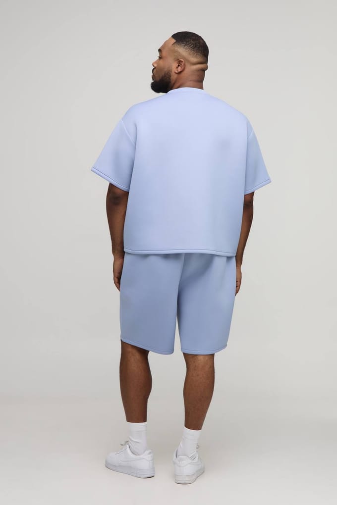 Plus Oversized Boxy Bonded Scuba T-Shirt & Relaxed Short Set | Dusty Blue | Size 5XL