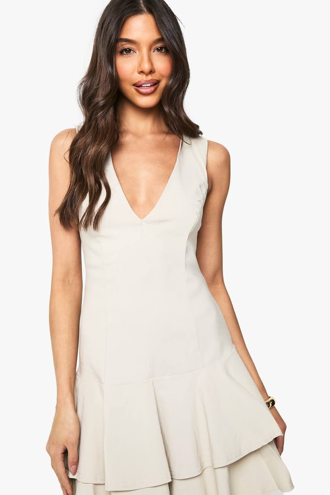 boohoo Dames Bengaline plunge mini-jurk met ruchenzoom en shift-silhouet | Stone | Maat: 8