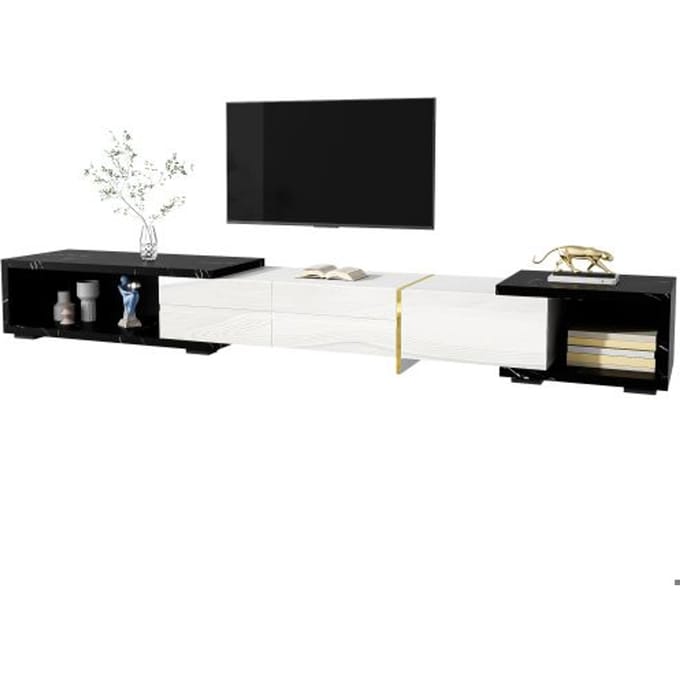 Moderne tv-meubel, variabele lengte (140-260 cm), draaifunctie, buitenkant van zwart marmer wit
