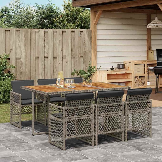 vidaXL - 7-delige - Tuinset - met - kussens - poly - rattan - grijs
