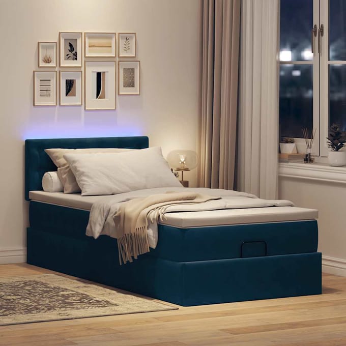vidaXL - Ottoman - bed - met - matras - en - LED's - 90x190cm - fluweel - donkerblauw