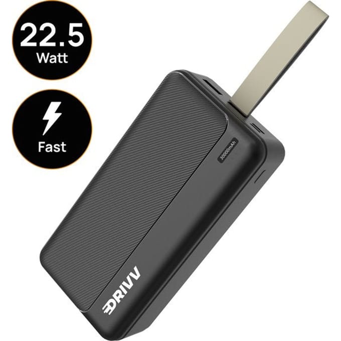 Drivv. Powerbank 30.000 mAh - 22,5W snellader - USB 3.0 - USB-C - Micro USB - Zwart