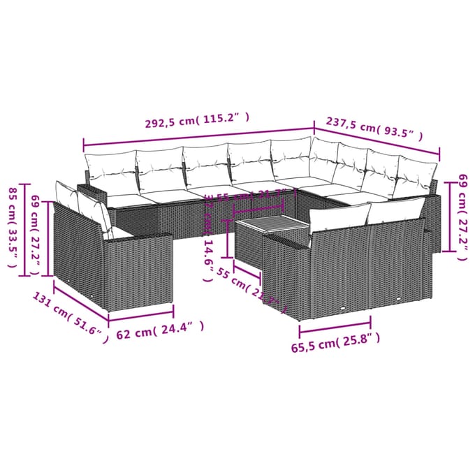 vidaXL - 13-delige - Loungeset - met - kussens - poly - rattan - beige