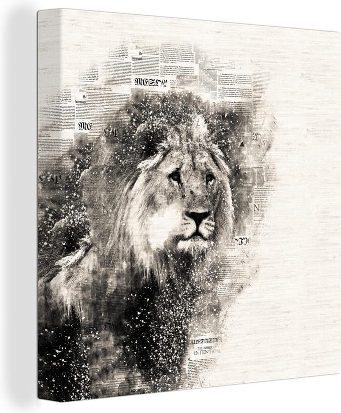 Canvas Schilderij Leeuw - Krant - Zwart - Wit - 90x90 cm - Wanddecoratie