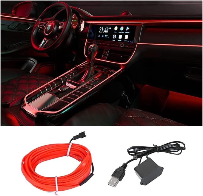 LED-lichtstrip voor het auto-interieur, 500 cm, sfeerverlichting voor de decoratie van het auto-interieur, ter decoratie van de auto (rood)