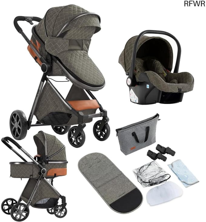 RFWR® 3-in-1 Kinderwagen voor Pasgeborenen met Verstelbare Duwmodus en Aluminium Frame