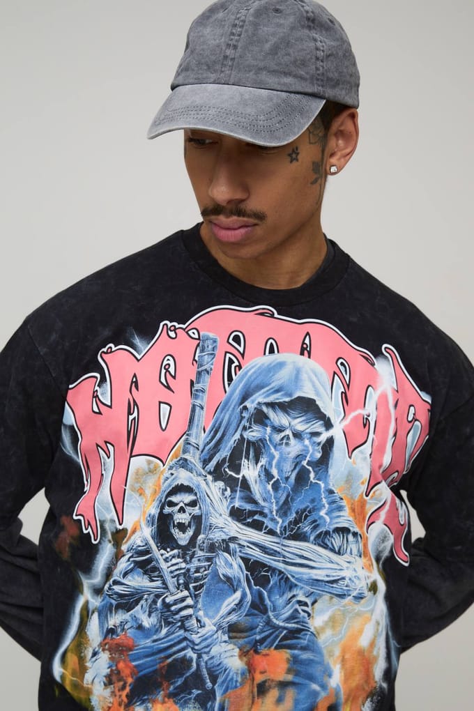 Oversized Gewassen Homme Gothic Grafische Distressed T-Shirt | Washed Black | Size Medium