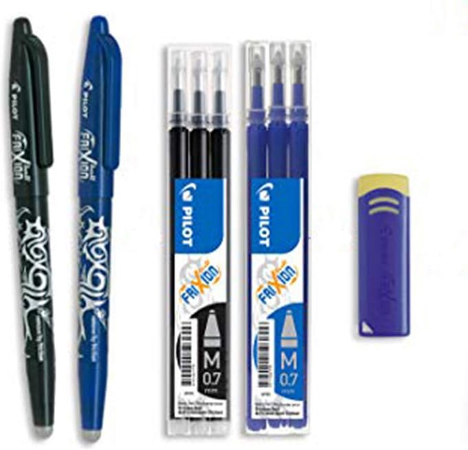 Uitwisbare rollerball pen met vullingen en gum - Comfortabel schrijven zonder fouten