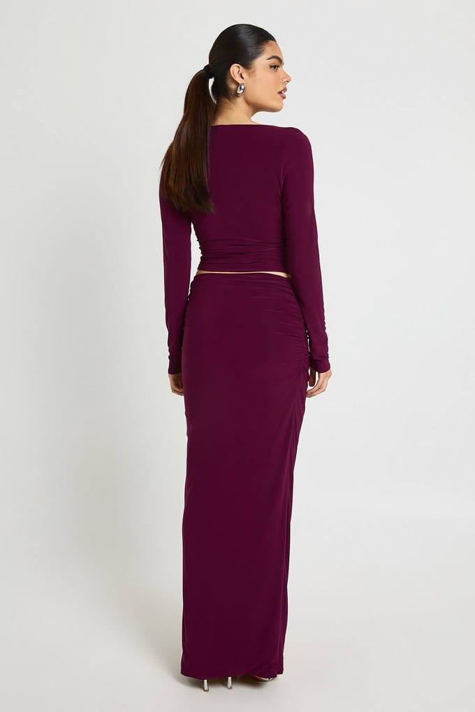 boohoo Dames Dubbellaagse Slinky Gerimpelde Voorkant Maxi Rok | Plum | Maat: 12