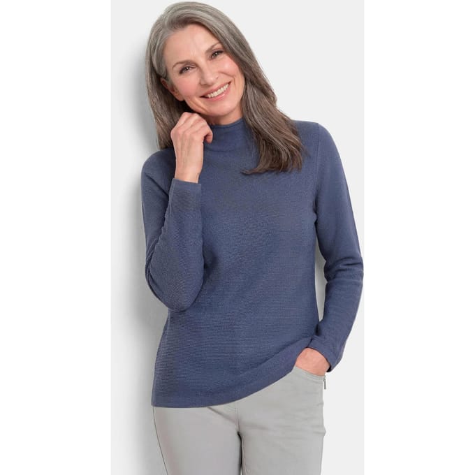 Fijn gebreide tricot pullover met opstaande kraag - rookblauw - Gr. 46 van Goldner Fashion