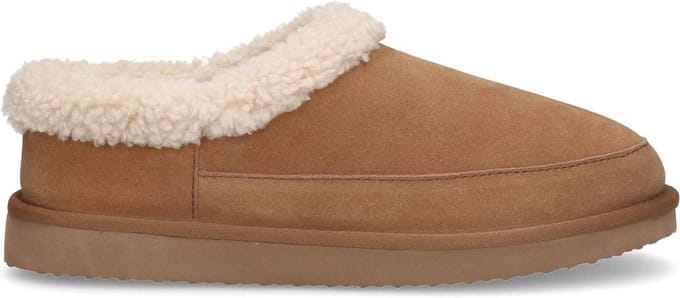 Manfield - Heren - Cognac suède pantoffels met imitatie wol - Maat 44