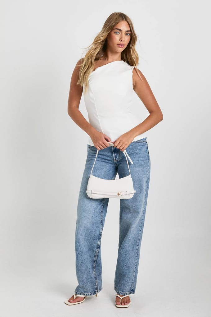 boohoo Dames Gouden knop top met one-shoulder ontwerp | White | Maat: 6