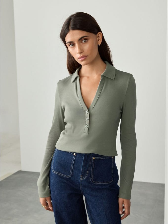 Next - Dames - Henley top met lange mouwen en knoopsluiting - Groen