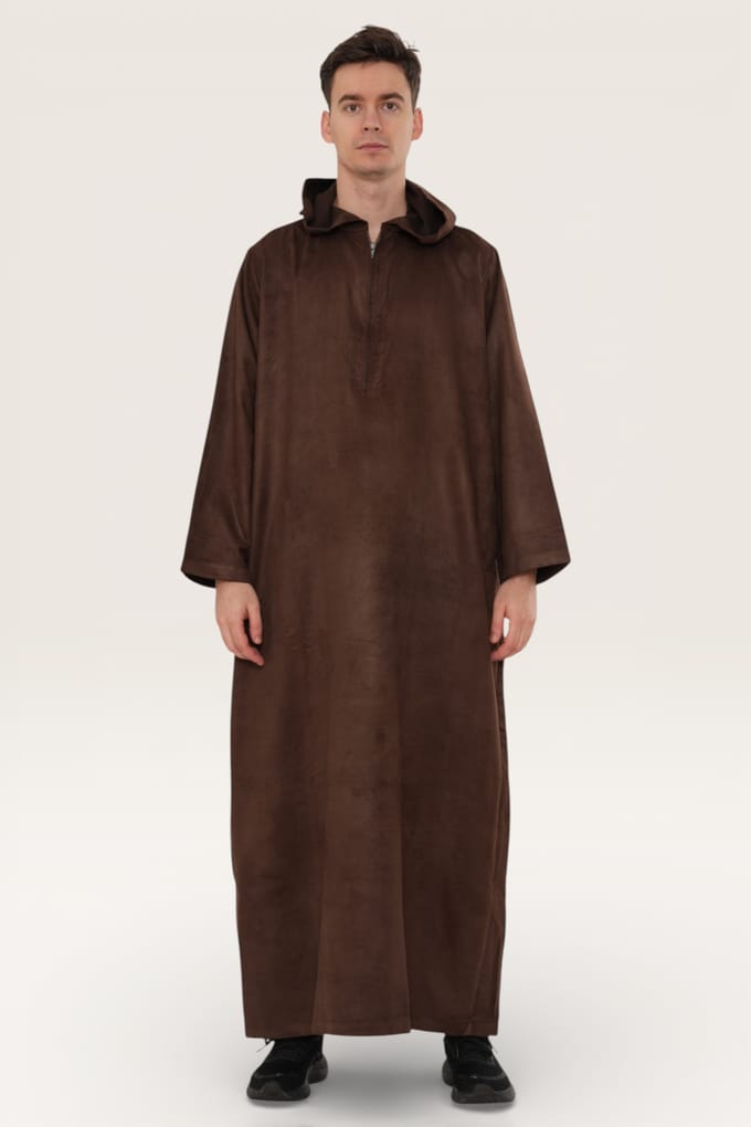 Heren bruine Eid Marokkaanse Jubba Robe Ramadan Eid Thobe LFS met capuchon - HM12