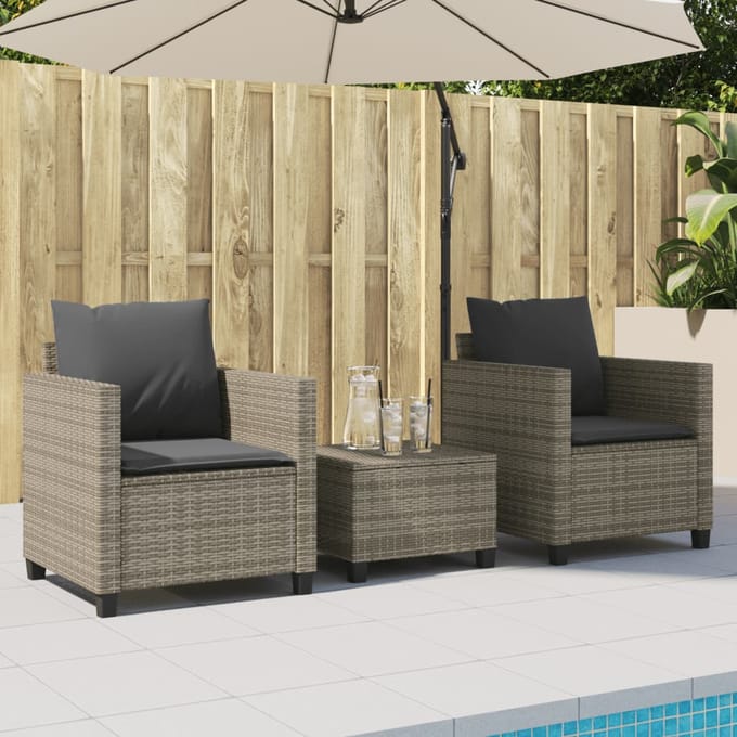 vidaXL - 3-delige - Bistroset - met - kussens - poly - rattan - grijs