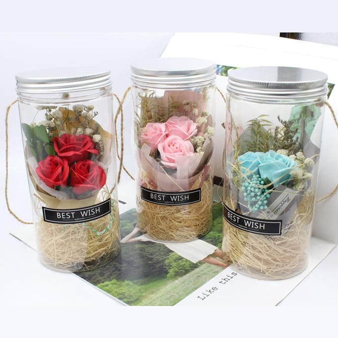 Rose éternelle romantique, rose jamais fanée, veilleuse, bouteille, fleurs préservées, savon rose rose