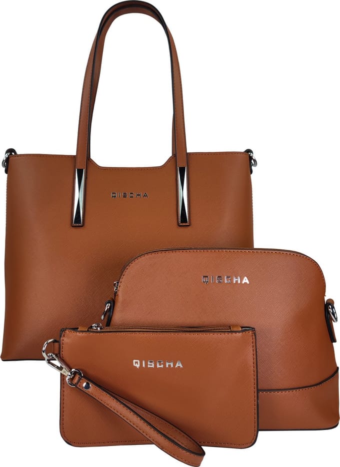 Qischa® 3 in 1 schoudertas en crossbody saffiano camel. + BIJPASSEND SLEUTELTASJE