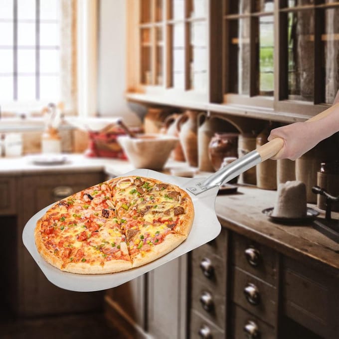 Pizzaschep - Vierkante pizzaschep met lang houten Handvat (80cm) - Pizzaspatel Hout / Rvs metaal - VIERKANT