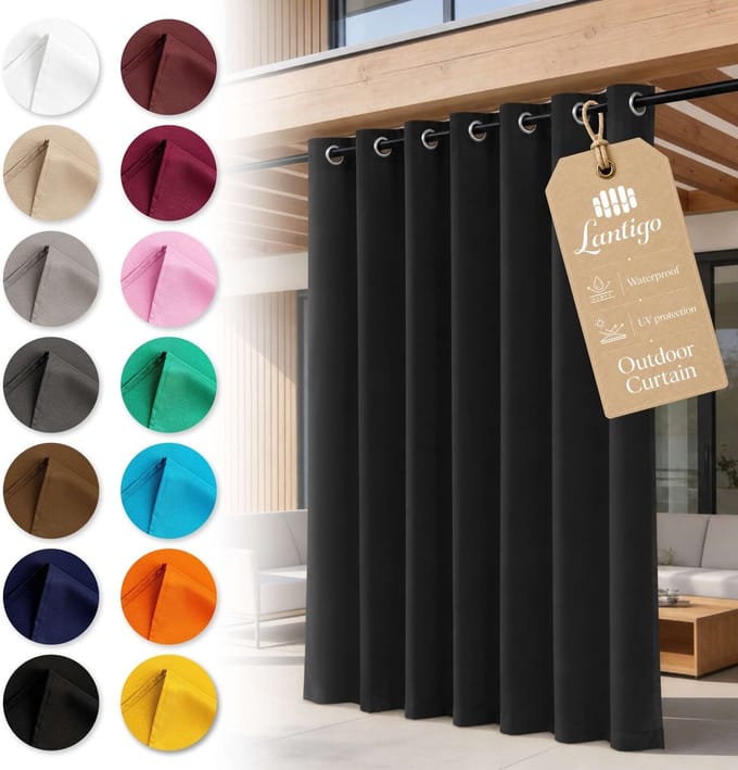 Lantigo Buitengordijn Zwart 155x250 cm waterdicht winddicht | Privacyscherm pergola overkapping tuin ringen set