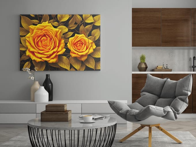 Canvas Schilderij - Gele Rozen - Bloem - Wall Art - 60x40x2 cm