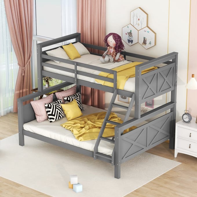 MODFU Bedframe 90(140)x200 cm – grijs – om te bouwen tot 2 bedden, met schuine ladder
