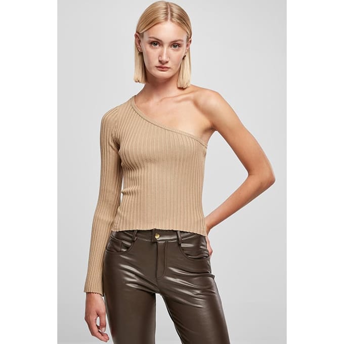 Urban Classics - Ladies Short Rib Knit One Sleeve Longsleeve top - M - Beige