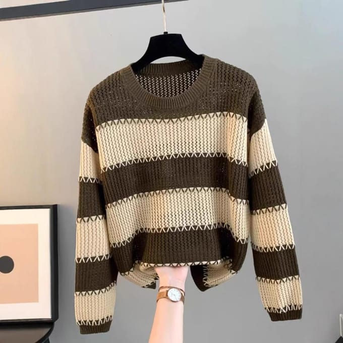 Retro Trui met Ronde Hals en Lange Mouwen voor Dames Modieuze Pendelstijl Contrasterende Kleurstrepen Losse Pullover Holgebreide Trui 2XL black