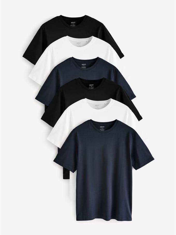 Next - Heren - Set van 6 basic T-shirts van katoen met standaard pasvorm - Zwart