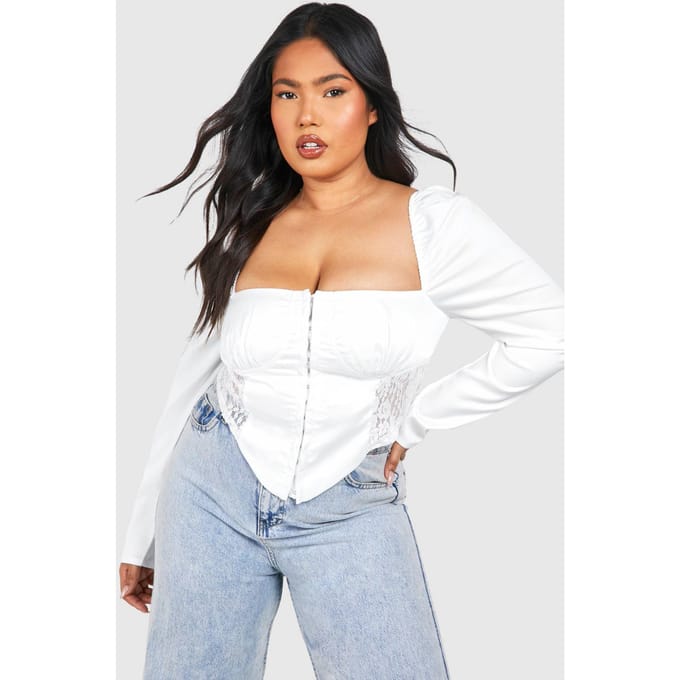 boohoo Dames Plus Corset Top met Kantinzet | Wit | Maat: 56