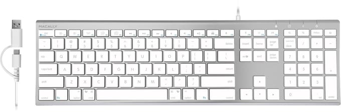 Macally UCACEKEYA2 Super dun bedraad USB toetsenbord voor Mac, Windows PC, iPad en Android tablet - Witte toetsen/Zilverkleurig - US Engels (QWERTY) layout