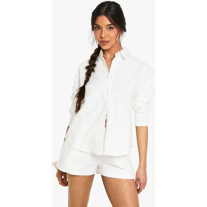 boohoo Dames Linnenlook Katoenen Oversized Overhemd | Wit | Maat: 34