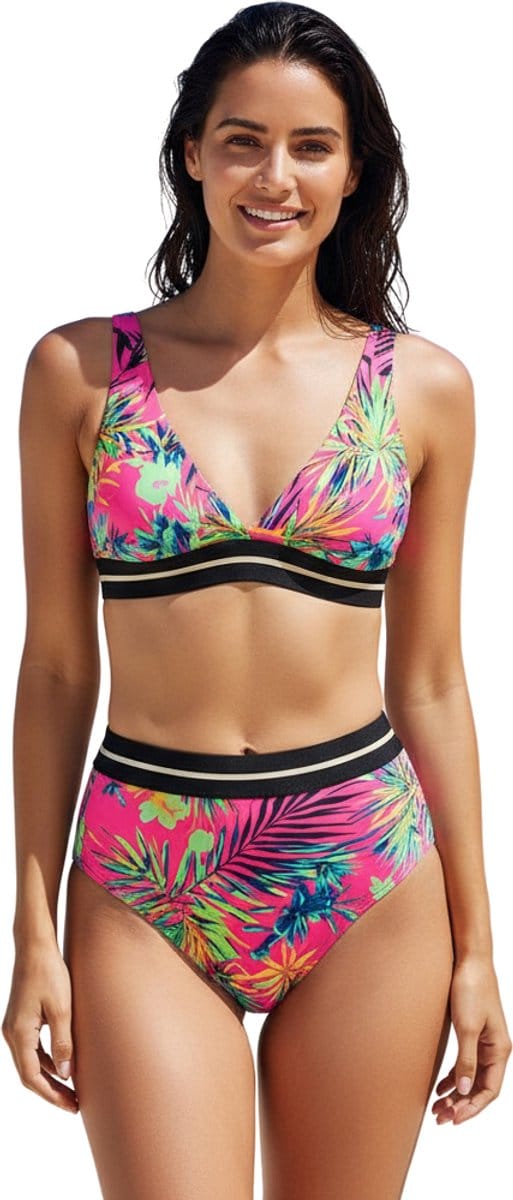 Hoge Taille Bikini Tropical - Roze - Dames Zwemkleding - Maat S