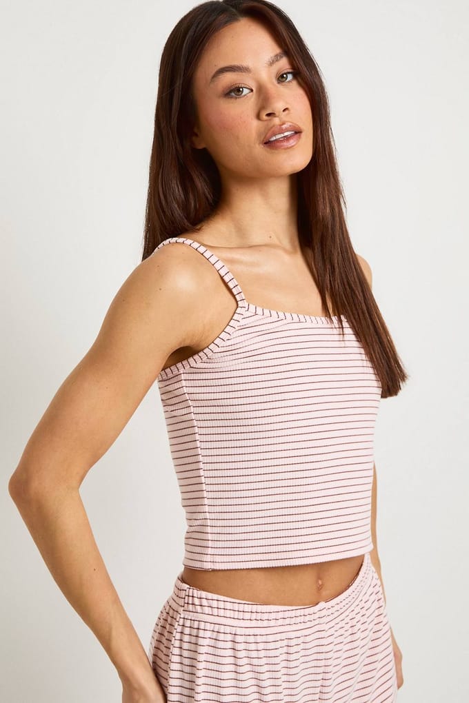 boohoo Dames Lange Zachte Geribbelde Gestreepte Hemdtop & Pyjamabroek Set | Baby Roze | Maat: 46