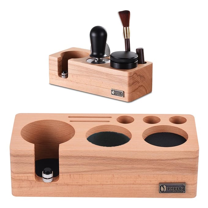 TREELF Station de bourrage à expresso adaptée aux accessoires à expresso de 58mm, boîte en bois de hêtre réglable 54mm marron