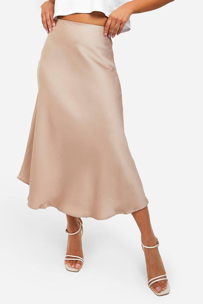 boohoo Dames Petite Satin Midaxi-rok | Taupe | Maat: Medium