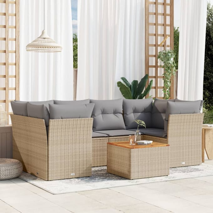vidaXL - 7-delige - Loungeset - met - kussens - poly - rattan - beige