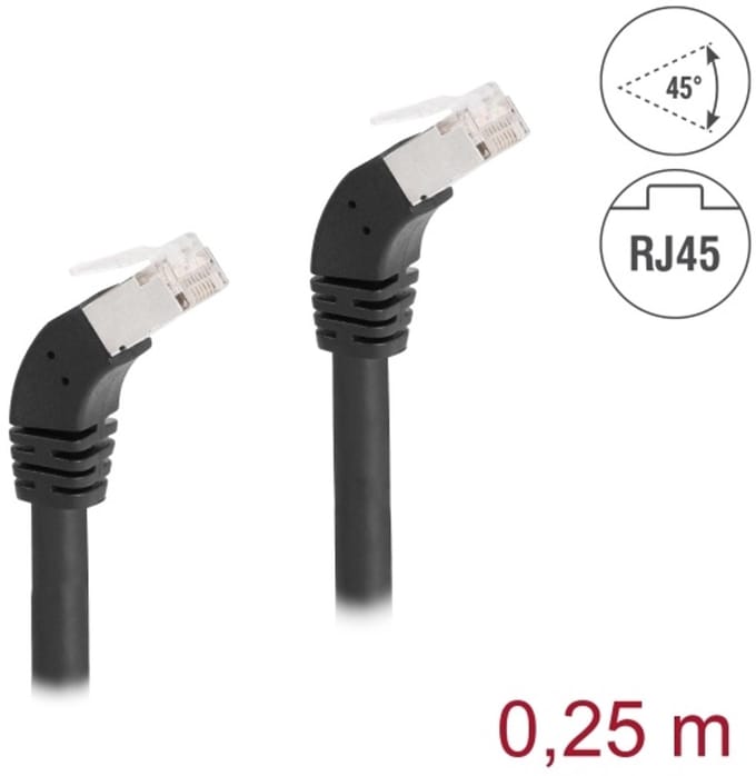 Delock RJ45 Network Cable Cat.6A S/FTP 45° downwards angled 0.25 m black