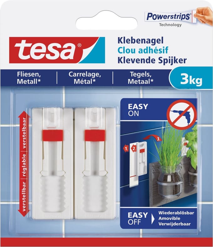 Tesa klevende spijker - 8x - wit - verstelbaar - 3 kg - tegels/metaal