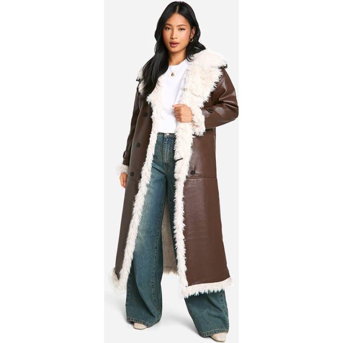 boohoo Dames Petite nepleer lang gesneden jas | Brown | Maat: 8