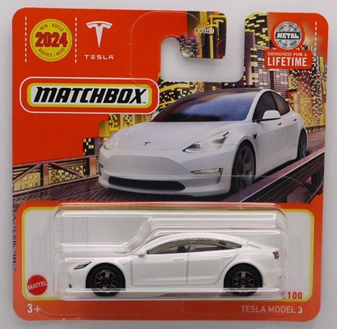 MATCHBOX 53/100 TESLA MODEL 3 WHITE 1:64 METAL SHORT CARD
