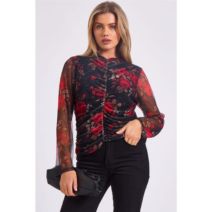 Top met meshprint en gerimpelde voorkant