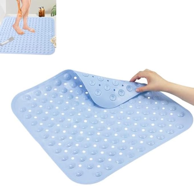Antislip Douchemat 48 x 48 cm - Vierkante Badmat met Zuignappen, Machinewasbaar, Lichtblauw