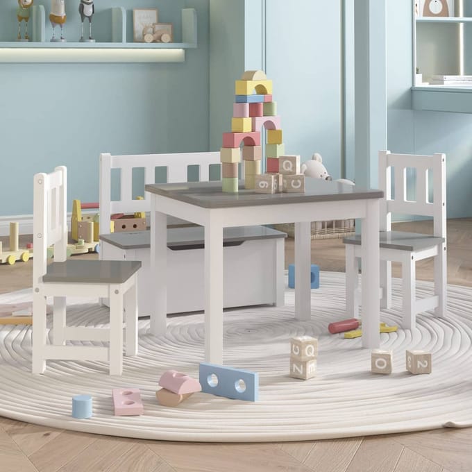 vidaXL - 3-delige - Kindertafel- - en - stoelenset - MDF - wit - en - grijs