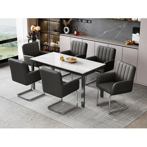 ModernLuxe Set van 6 met kunstleer beklede sledestoelen - Zwart