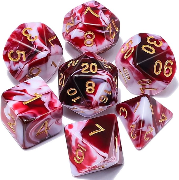 Dobbelstenen Set 7-delig – Swirl Rood Wit D20 D12 D10 D8 D6 D4 – Voor RPG & Tafelspellen