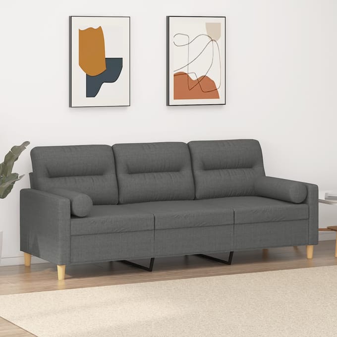 vidaXL - Driezitsbank - met - sierkussens - 180 - cm - stof - donkergrijs