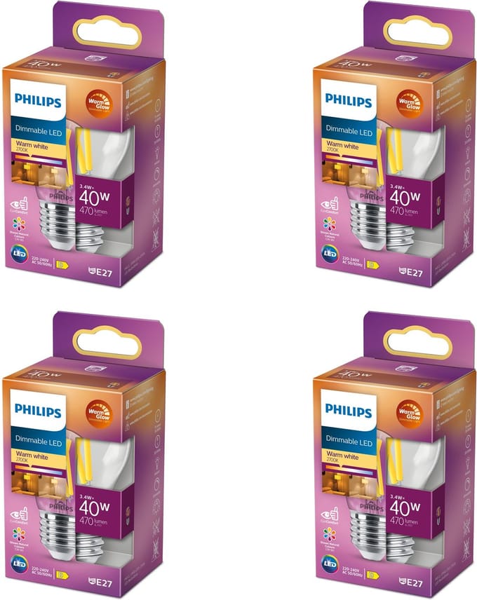 Philips Voordeelverpakking - E27 - LED Kogellamp - Helder - 40W - Dimbaar - Warmwit Licht - Set van 4 Stuks