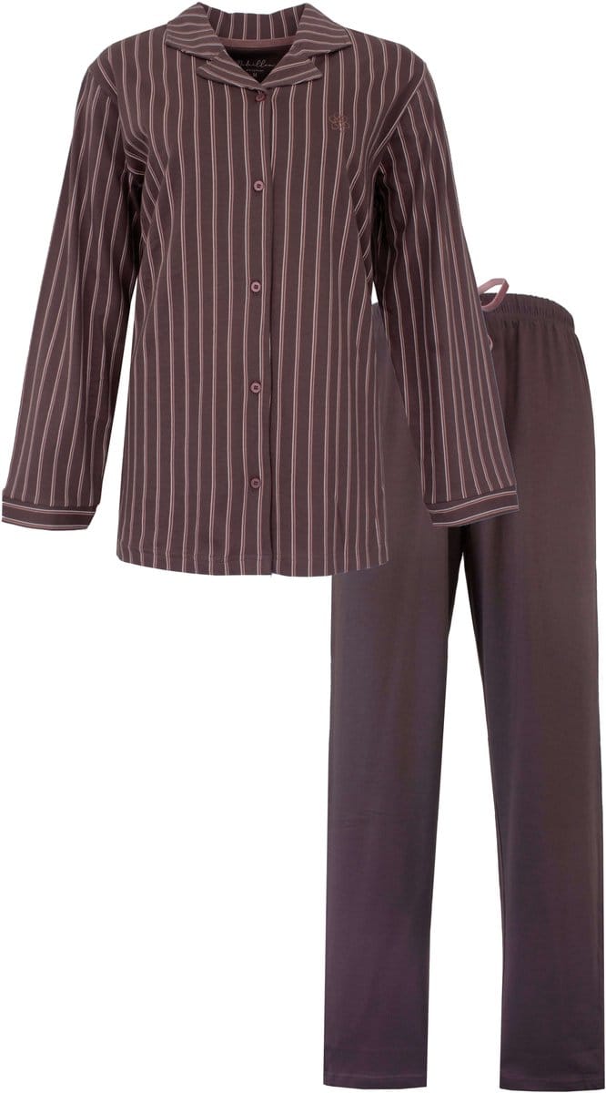 Medaillon Dames Pyjama - Uni lange broek - Doorknoop - Bruin - Maat L
