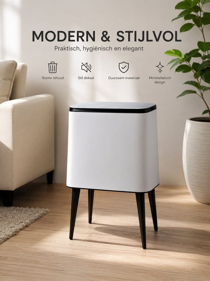 Design Prullenbak op Poten met Deksel – Moderne Afvalbak – Wit met Zwarte Accenten
